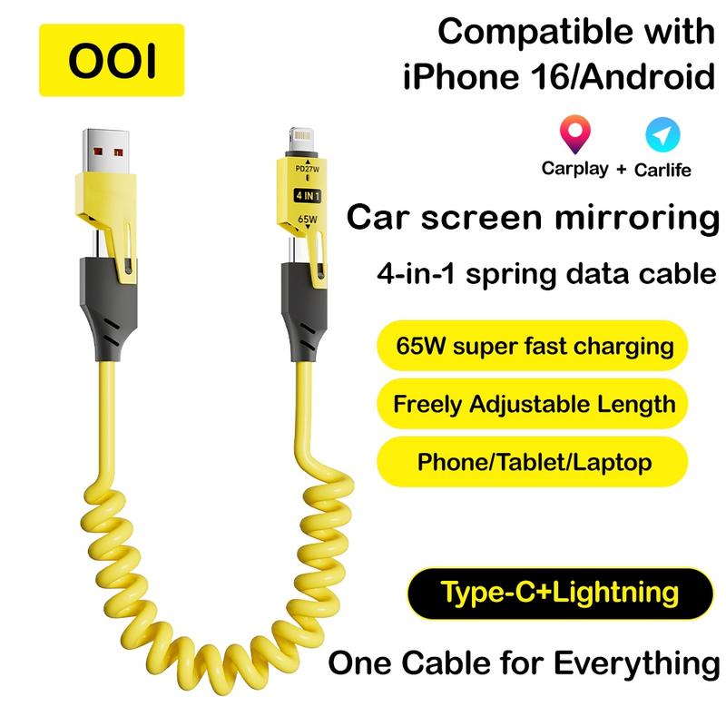 OOI 65W 4-in-1 USB-C Fast Charging and Sync Spring Cable for CarPlay, CarLife, and Mobile Devices