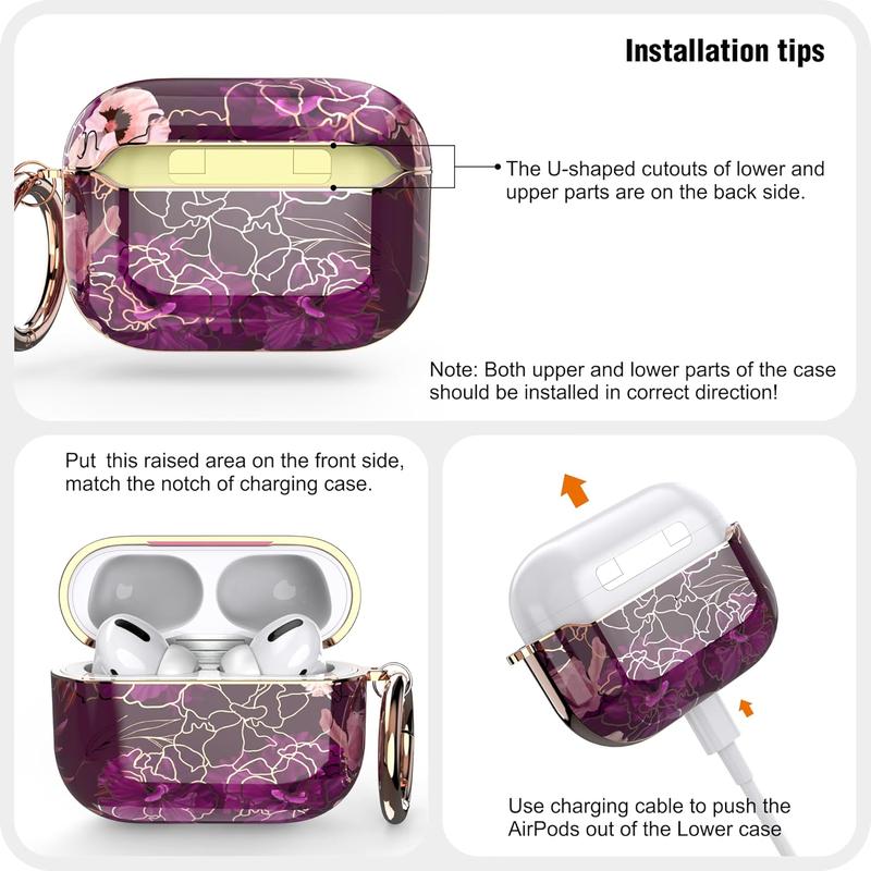 case for Airpods Pro 2 Case, Flower Airpod Pro Slim Hard Case Cover with Carabiner for Women Girls (Golden Purple)