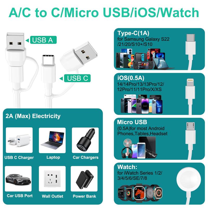 Multipurpose 6 in 1 Charging Cable, 2 Counts 1.8m Mobile Data Cable, Multifunctional Universal Mobile Devices Charging Cable for Watch, Phone, Tablet, Laptop