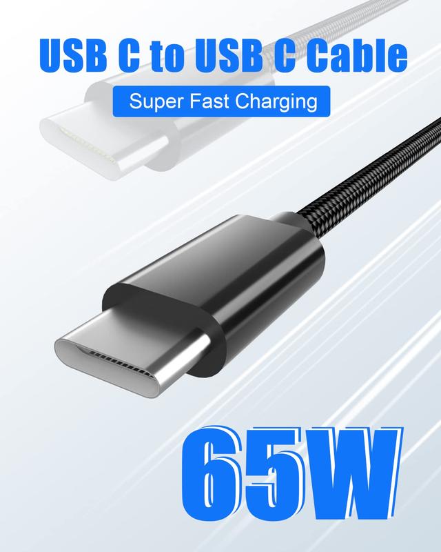 3.3ft 65W USB C to USB C Cable, 2pcs Nylon USB C Charger Cable, Fast Charging Type C Cable for iPhone, iPad Mini, MacBook, Samsung Galaxy, Switch and More