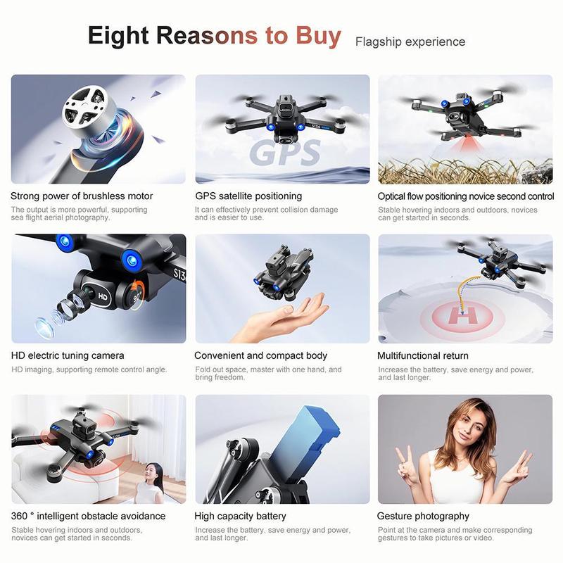 S136 GPS Drone Aircraft with 4K Camera, Ult-Long Flight Time, Optical Flow, 5G Transmission Foldable FPV RC Quadcopter with Brushless Motors, No obstacle avoidance, GPS Auto Return Home with 2 batteries Handbag Accessories Folding drone