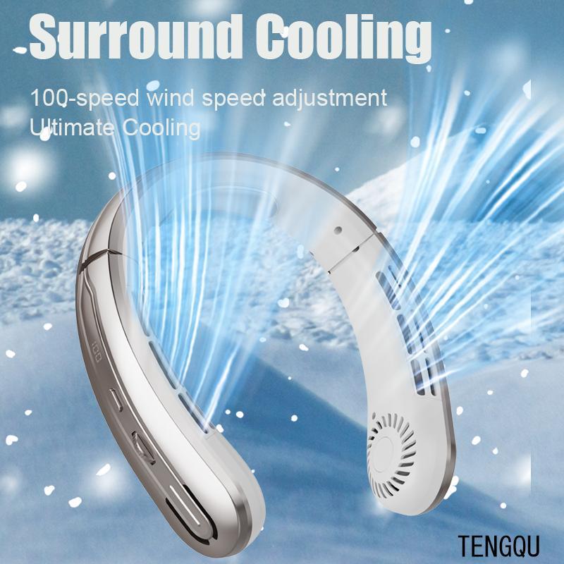 USB Rechargeable Neck Fan, Neck Hanging Air Conditioning Fan with 100-speed Adjustment, Double Turbine Noise Reduction Personal Fan for Office, Study, Sports, Outdoor, Birthday Gift