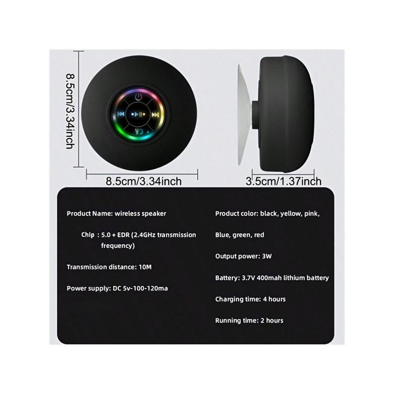 Waterproof Speaker, Portable Wireless Speaker with Suction Cup, USB Rechargeable Black Speaker with 2 Hours Play Time 3.7V 400mah Battery 5.0 Wireless Version Life for Parties, Bathroom, Travel, Home, and Outdoor (Suction Cups Must Be on A Smooth Surface