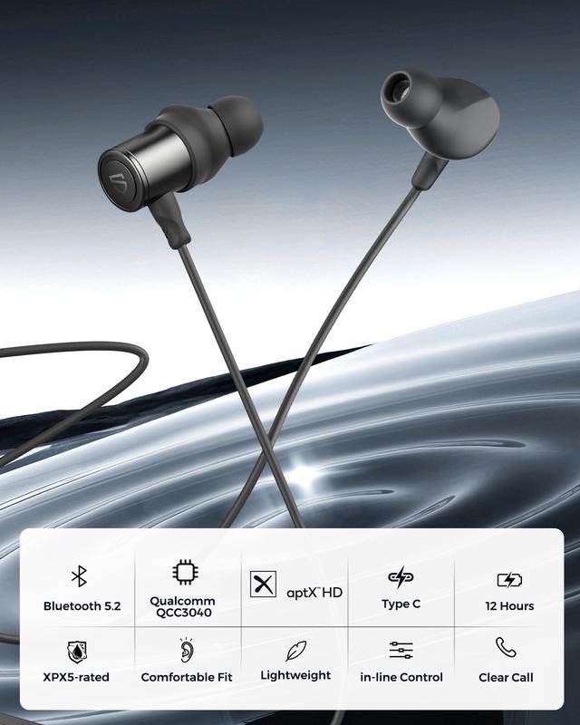 SoundPEATS Q30 HD+ Bluetooth Headphones in-Ear Stereo Wireless 5.2 Magnetic Earphones IPX5 Sweatproof Earbuds with Mic for Sports, electronic，Immersive Bass, 10mm Drivers, aptX-HD,charging，electronic， 12 Hours Playtime, Type C