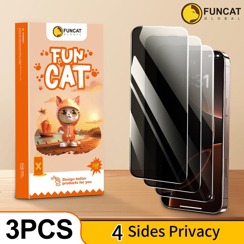 FUNCAT GLOBAL <3PCS> 360° Privacy Screen Protector [4 Sides Privacy]. 'ON SALE for NEW APPLE' Screen film for iPhone 16 15 14 13 12 [LEFT, RIGHT, UP, DOWN], Strong Protection, Anti-Spy, Electroplated Layer, (Headset Cover), Fingerprint-Proof.