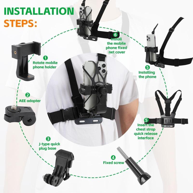 Mobile Phone Chest Mount Harness Strap Holder Cell Phone Clip Action Camera POV for Samsung iPhone Plus etc Smartphone Cellphone