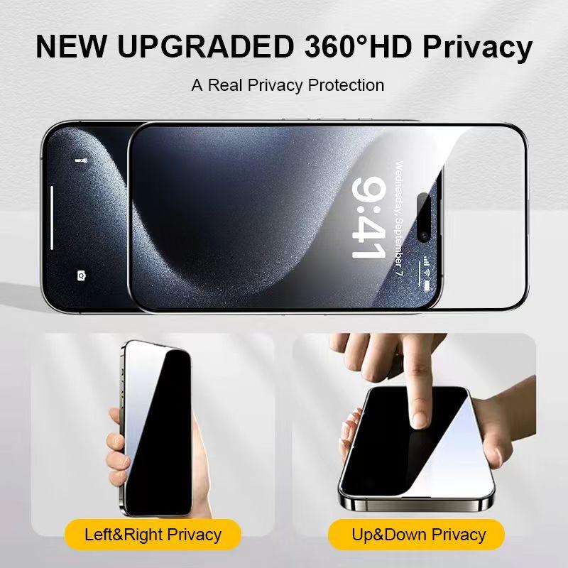 FUNCAT GLOBAL <3PCS> 360° Privacy Screen Protector [4 Sides Privacy]. 'ON SALE for NEW APPLE' Screen film for iPhone 16 15 14 13 12 [LEFT, RIGHT, UP, DOWN], Strong Protection, Anti-Spy, Electroplated Layer, (Headset Cover), Fingerprint-Proof.