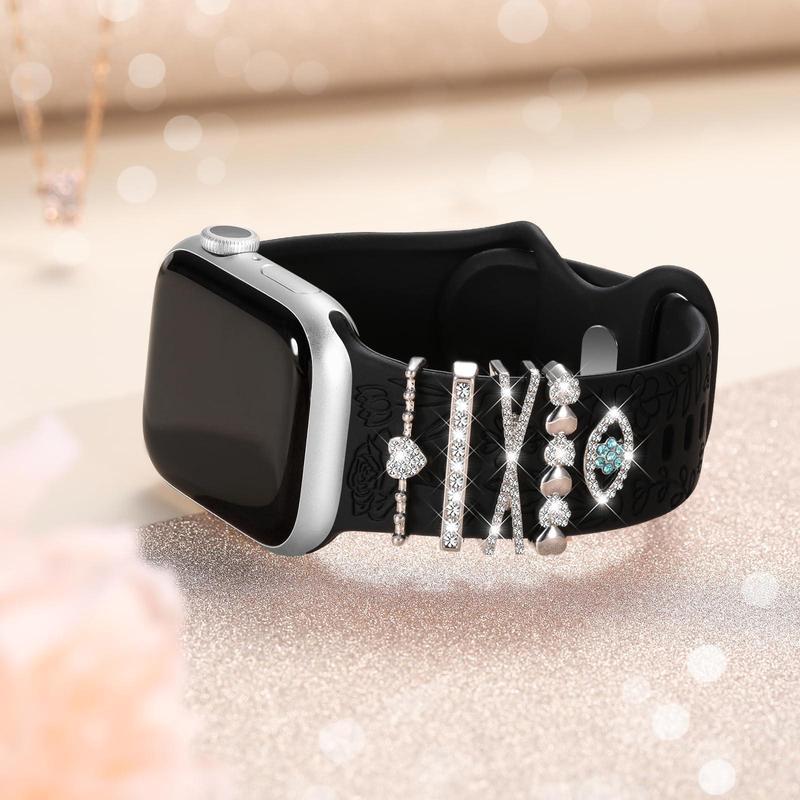 Flower Engraved Band Compatible with iWatch (Band Only), Soft Silicone Sport Band With Decorative Watch Charms for iWatch Series 9 8 7 6 5 4 3 2 1 SE, Smart Watch Accessories (1 Count)