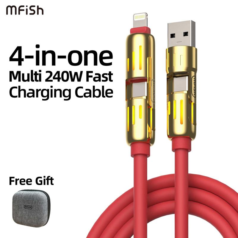 MFish 4-in-1 Multi USB Charging Cable with USB A,Type C, Lightning -MAX 240W Fast Charging & Data Sync for iPhone 16 15, iPad Pro, Samsung & Laptops