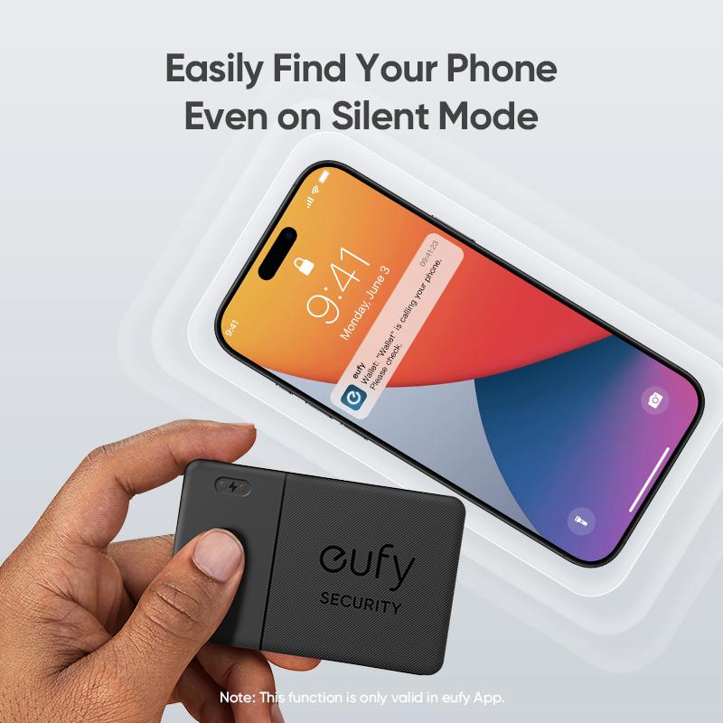 eufy SmartTrack Card E30 (Black, 1-Pack), Rechargeable, Works with Apple Find My (iOS Only), Bluetooth Tracker, Perfect for Wallet, Passport, and Laptop, Water Resistant