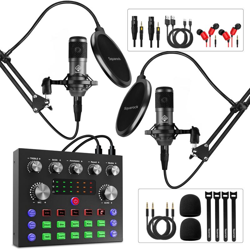 Squarock Podcast Equipment Bundle for 2, Audio Interface with DJ Mixer and Condenser Microphone,Audio Mixer Perfect for PC Phone Laptop,Recording,Streaming,Gaming