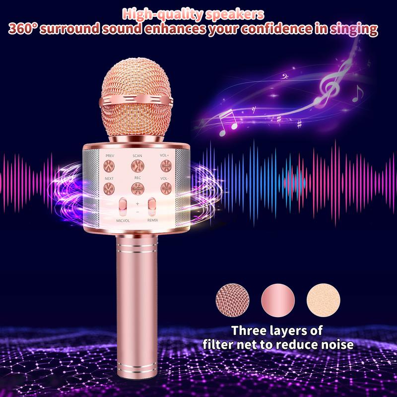 4-in-1 Portable Bluetooth Karaoke Microphone, Speakers, Singing Toy for Kids & Adults, Family Party, Birthday Gift, Rose Gold Audio