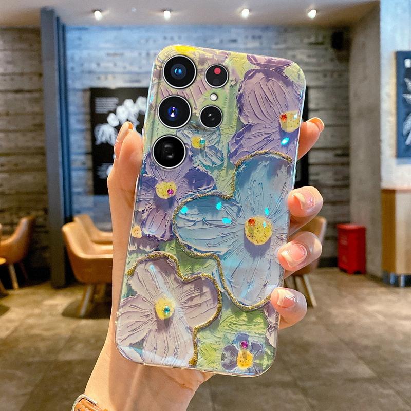 Advanced Art Oil Painting Flower Phone Case, Wave Edge Safe Phone Case for Samsung S22 S23 S24 Ultra