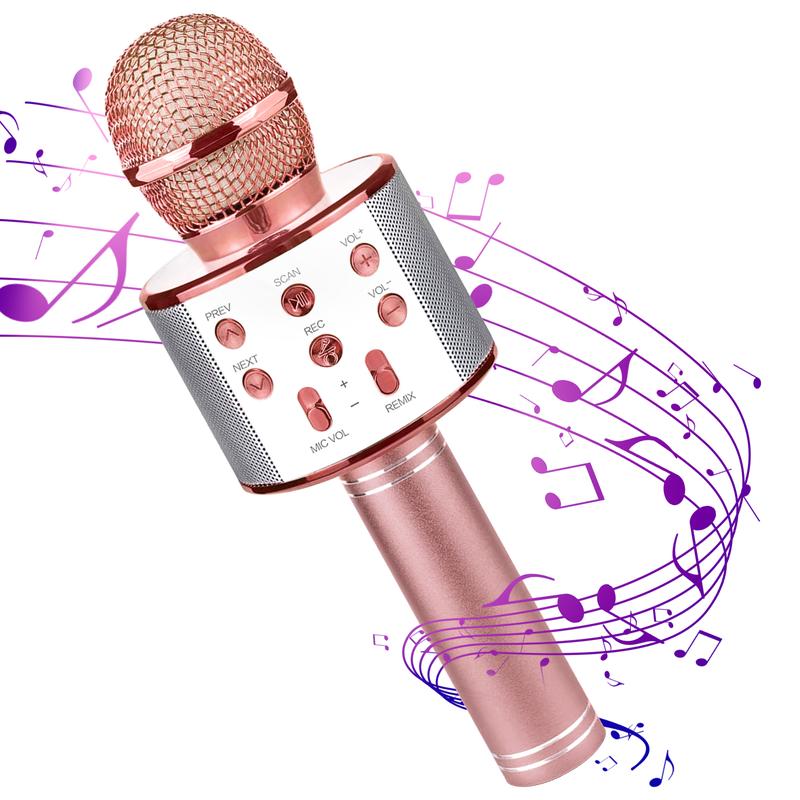 4-in-1 Portable Bluetooth Karaoke Microphone, Speakers, Singing Toy for Kids & Adults, Family Party, Birthday Gift, Rose Gold Audio