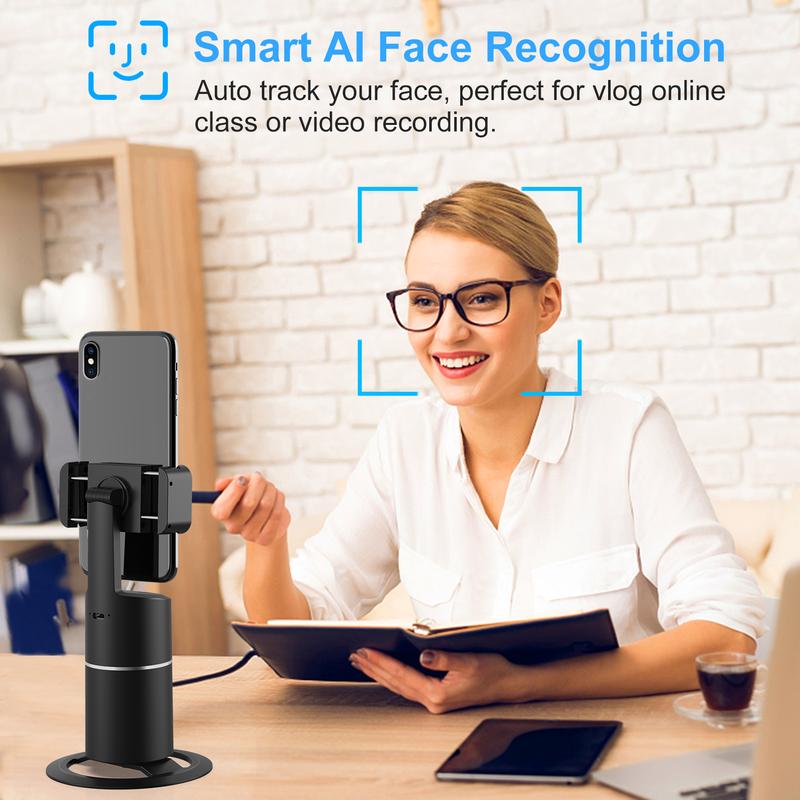 Auto Face Tracking Tripod, No App Required, 360° Rotation Face Body Phone Camera Mount Smart Shooting Phone Tracking Holder for Live Vlog Streaming Video, Rechargeable Battery Accessories Selfie 360 rotating phone stand