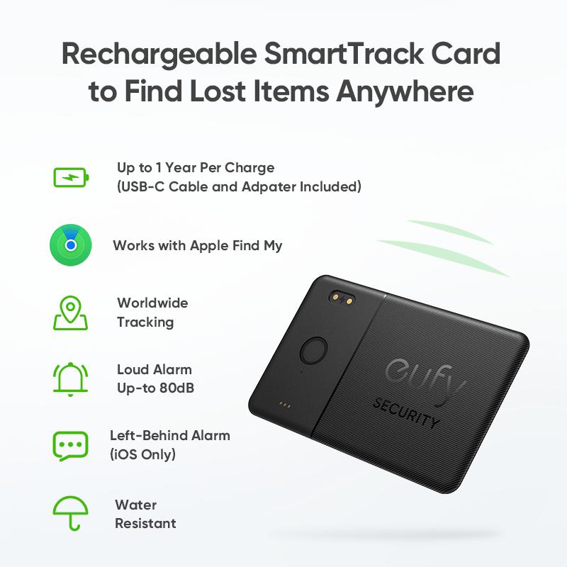 eufy SmartTrack Card E30 (Black, 1-Pack), Rechargeable, Works with Apple Find My (iOS Only), Bluetooth Tracker, Perfect for Wallet, Passport, and Laptop, Water Resistant