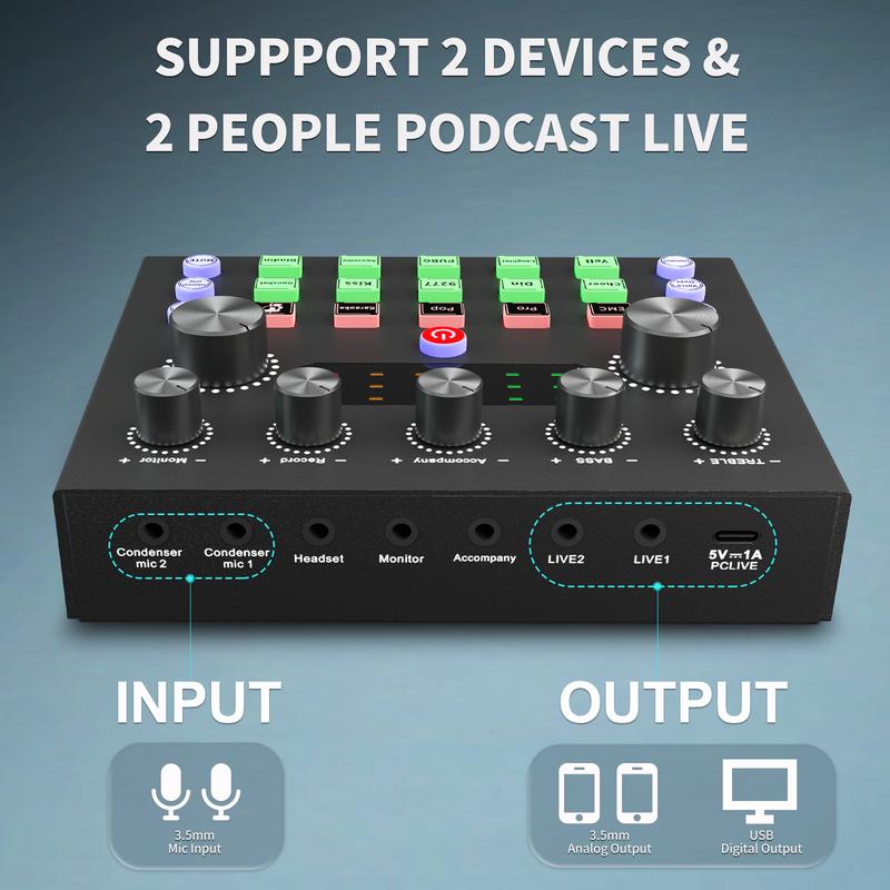 Squarock Podcast Equipment Bundle for 2, Audio Interface with DJ Mixer and Condenser Microphone,Audio Mixer Perfect for PC Phone Laptop,Recording,Streaming,Gaming