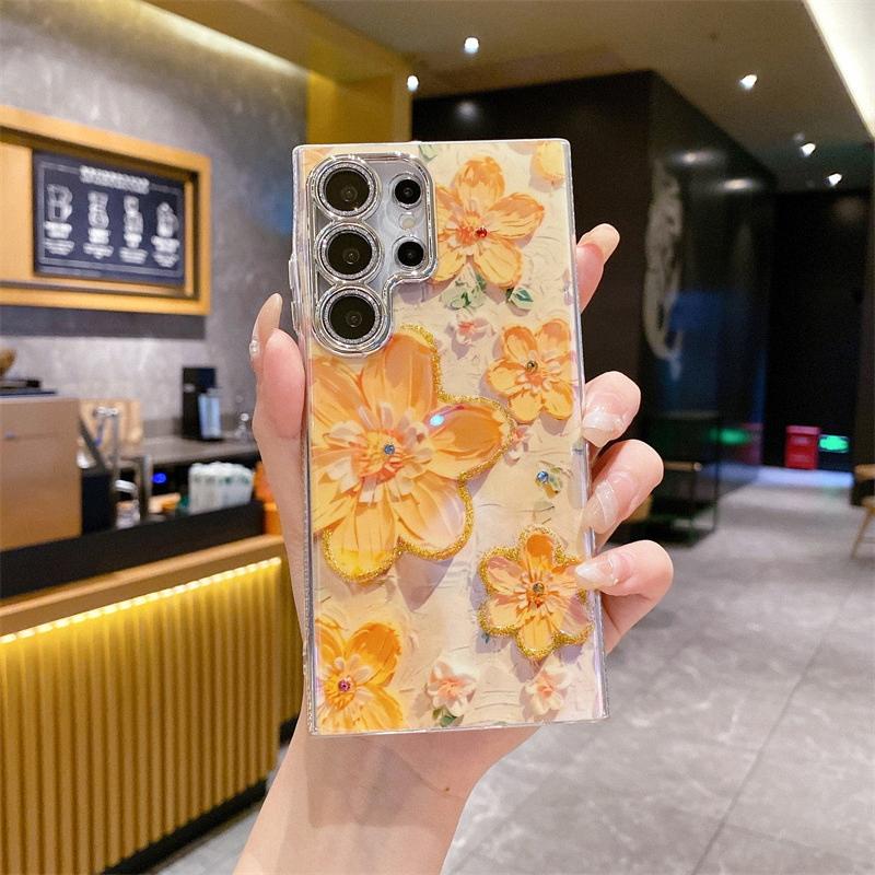 Advanced Art Oil Painting Flower Phone Case, Wave Edge Safe Phone Case for Samsung S22 S23 S24 Ultra