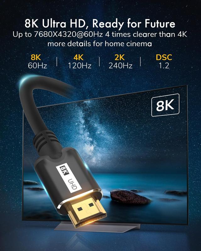 8K HDMI  6FT 2Pack, High Speed 48Gbps HD Shielded Cord, Supports 8K@60Hz, 4K@120Hz in-Wall CL3 Rated HDMI 2.1 Cord, Compatible with Roku TV Laptop PC HDTV and More