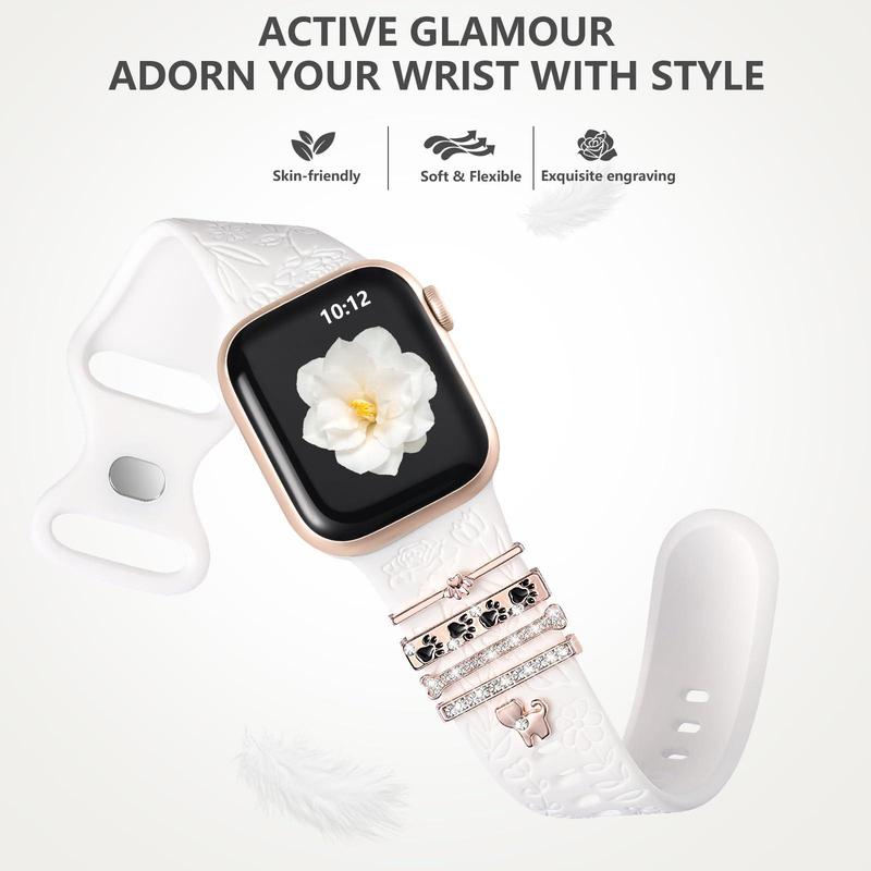 Flower Engraved Band Compatible with iWatch (Band Only), Soft Silicone Sport Band With Decorative Watch Charms for iWatch Series 9 8 7 6 5 4 3 2 1 SE, Smart Watch Accessories (1 Count)