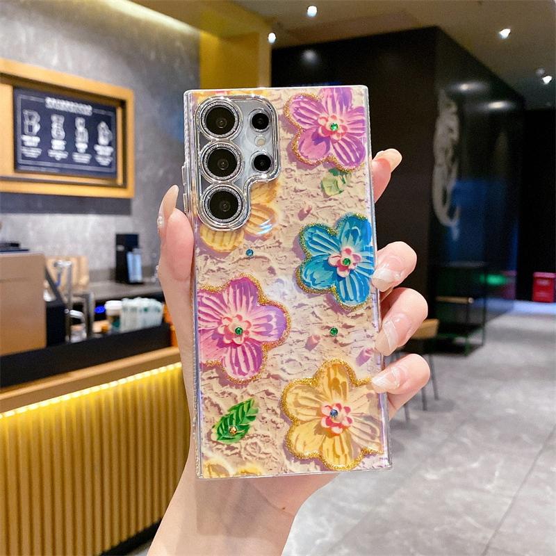 Advanced Art Oil Painting Flower Phone Case, Wave Edge Safe Phone Case for Samsung S22 S23 S24 Ultra