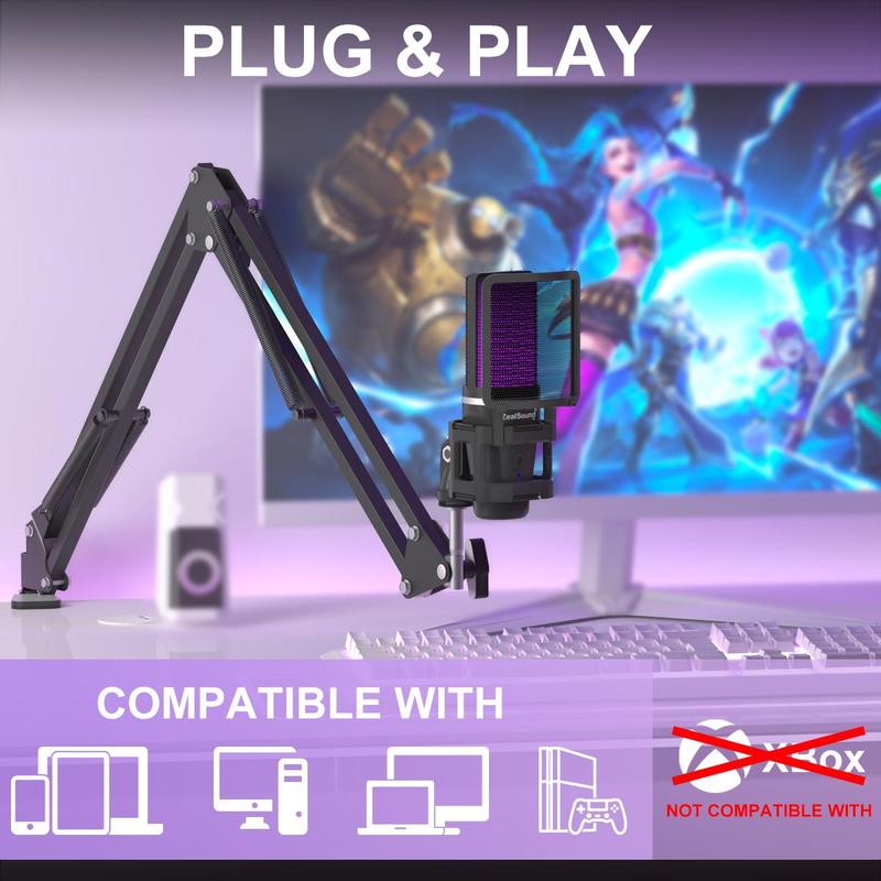 USB PC Microphone for Gaming, 1 Set Computer Condenser Mic With RGB Light, Tripod & Cantilever Mount & Type-c Adapter, Audio & Video Accessories, Adjustable Audio Device, Smart Audio Devices, Back to School