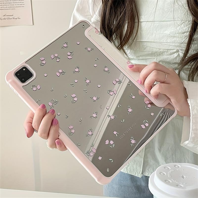 Floral Pattern Tri-Fold Stand Mirror Case - Protective Cover with Acrylic Mirror, Compatible with iPad 10.2 Air4 5 Pro11 10th 10.9 9.7, Two-in-One Design, Durable and Stylish Accessory for Daily Use