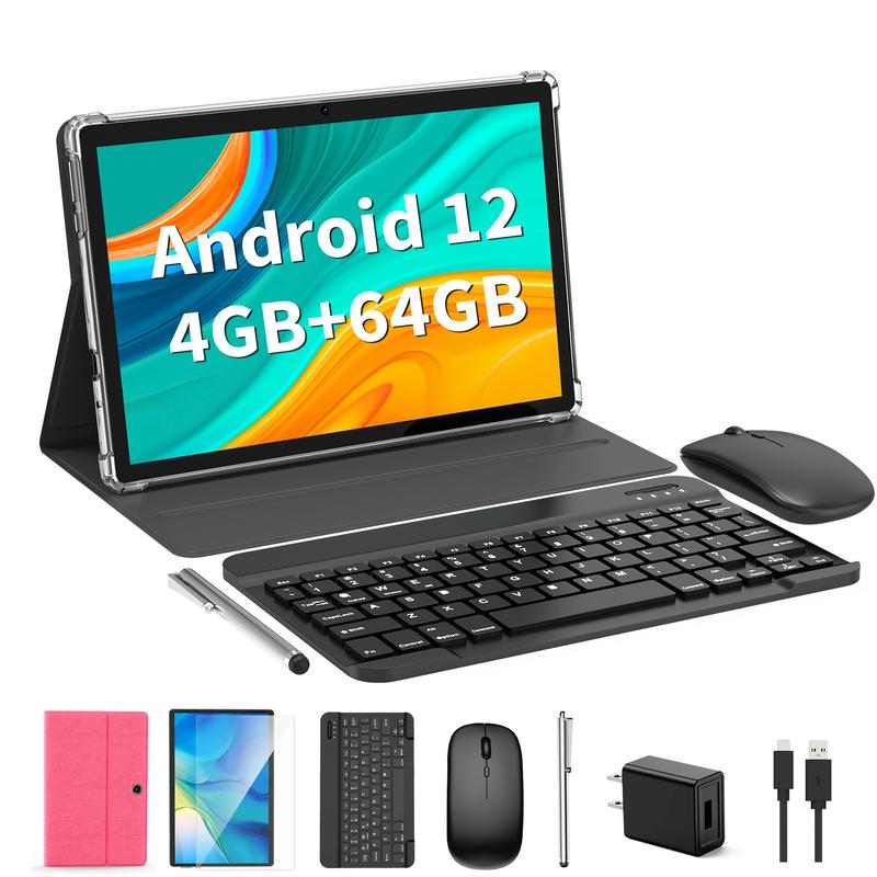 Relndoo tablet 10.1 inch Android 12, 5 in 1 tablet with keyboard, mouse, stylus, case, Quad Core 64GB ROM, WiFi, 5 + 8MP dual camera, 6000mAh, 1280x800 IPS display, Widevine L1, Bluetooth