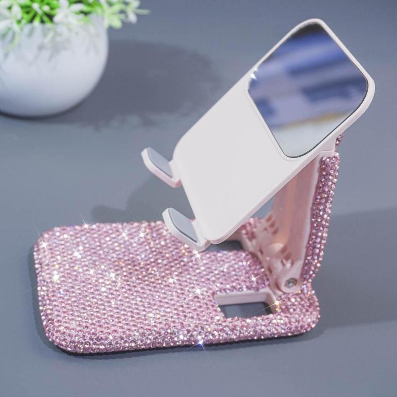 Rhinestone Decor Phone Holder with Small Mirror, Adjustable Phone Stand, Phone Holder for Home Office Desk