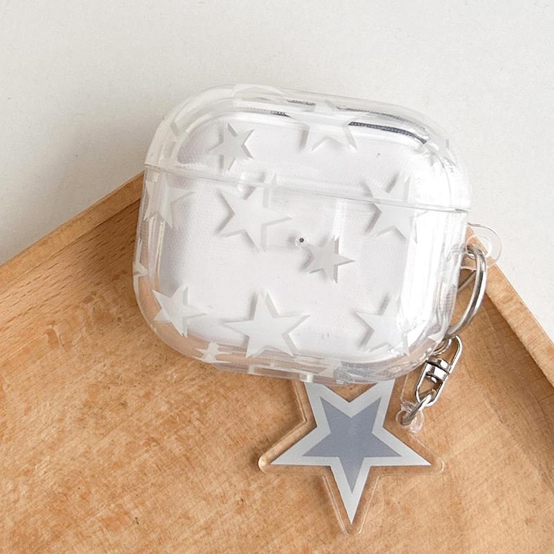 Minimalist Star Pattern Clear Earphone Case with Star Decor Keychain, Decorative Earphone Protector Cover, Fashion Earphone Case for Airpods 1 2 3 Pro Pro 2