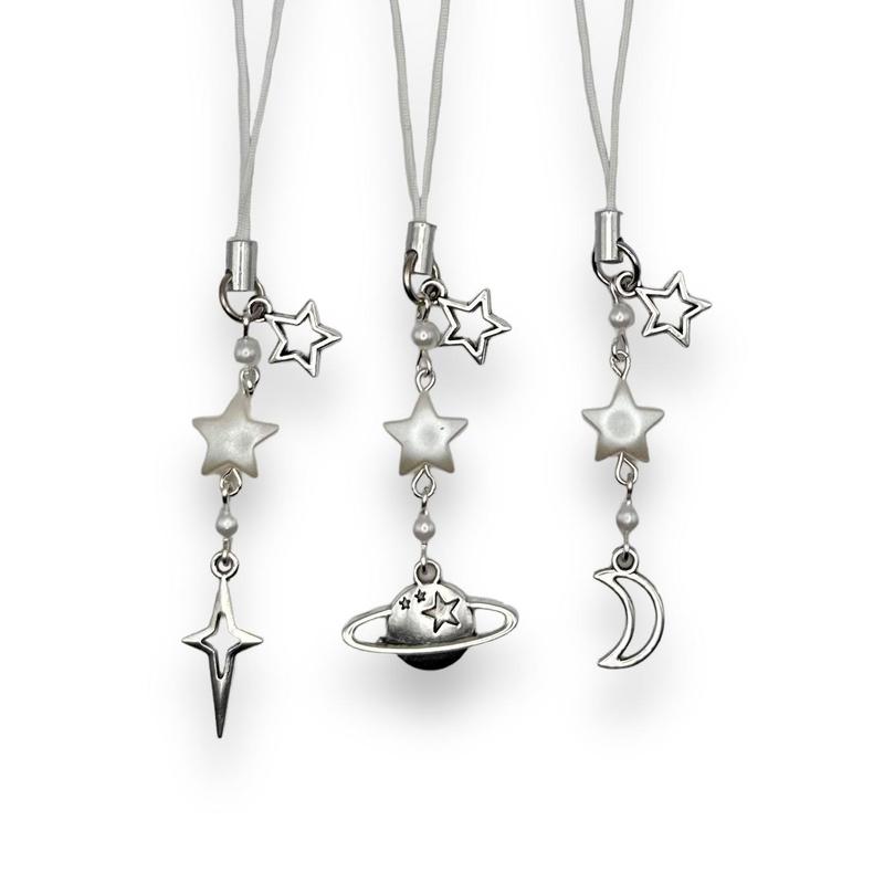 Cosmic Silver and Pearl Y2k Star Phone Charm with White Strap! Planet, Star, or Moon variations Accessories Acrylic