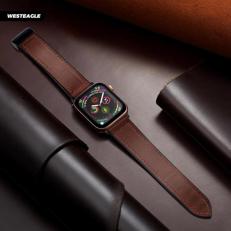 Leather Watch Band Compatible with Apple Watch Band 49mm 46mm 45mm 44mm 42mm, Genuine Leather with Mnetic Buckle Strap Compatible with Apple Watch Ultra 2 10 9 8 7 6 5 4 3 2 1