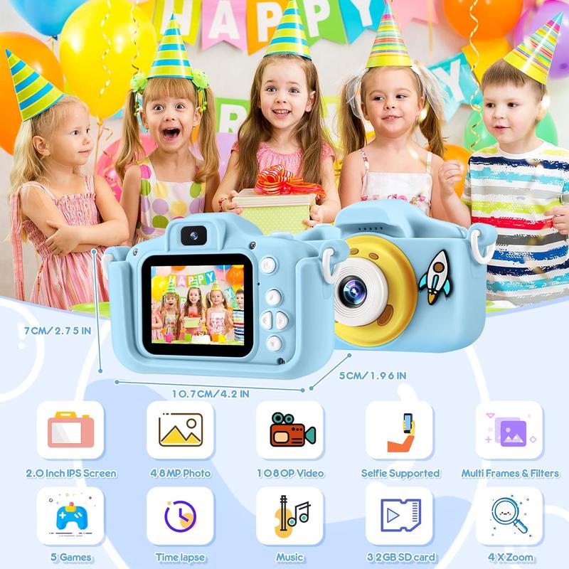 Kids Camera 48MP and 1080P HD Digital Selfie Video Camera for Kids Age 3-12 Year Old Boys and Girls, IPS Screen with 32GB SD Card Digital Camera for Birthday (Astronaut Blue)