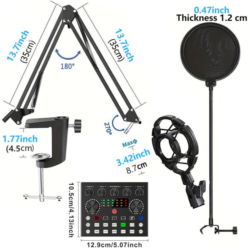 Professional Condenser Microphone, 1 Set USB Rechargeable BM-800 Podcast Microphone with Sound Card & Audio Interface, Computer Microphone for Live Streaming