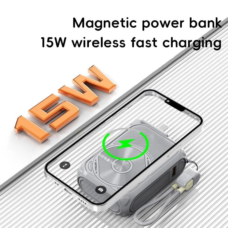 QQK Wireless Magnetic Power Bank, USB-C & Lightning Mutual Charging Cable + Phone Holder +USB-A+ AC Plug for Direct Charging, 22.5W Fast Charging 6 in 1 Multi-function Power Bank