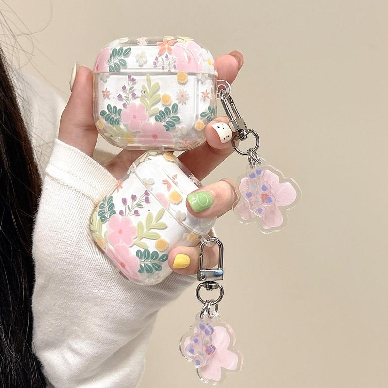 Flower Pattern Earphone Case with Floral Decor Keychain, Decorative Earphone Protector Cover Compatible with Airpods, TPU Clear Earphone Protective Case for Airpods 2 3 Pro 2