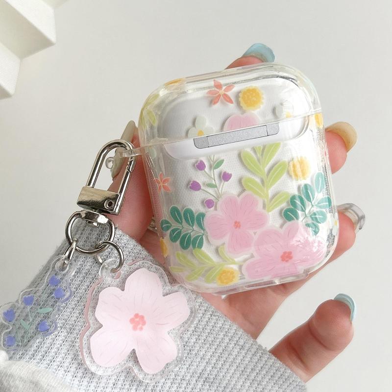 Flower Pattern Earphone Case with Floral Decor Keychain, Decorative Earphone Protector Cover Compatible with Airpods, TPU Clear Earphone Protective Case for Airpods 2 3 Pro 2