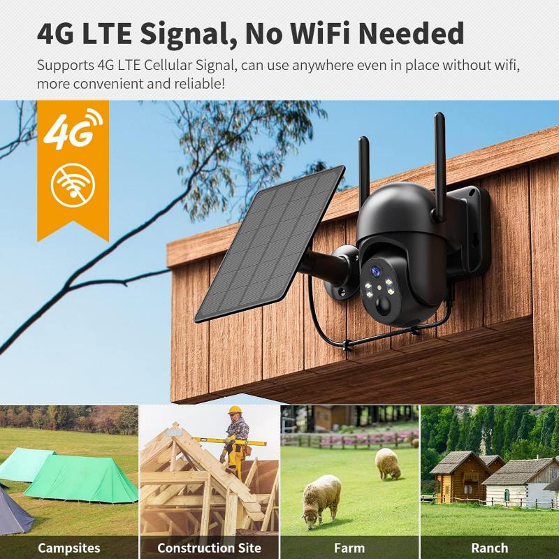 Wireless 4G LTE Solar Security Camera - No WiFi Needed, 360° View, 2K Night Vision, PIR Motion Detection, Two-Way Audio, Built-in SIM Card for Remote Monitoring - Perfect for Home, Yard, Warehouse