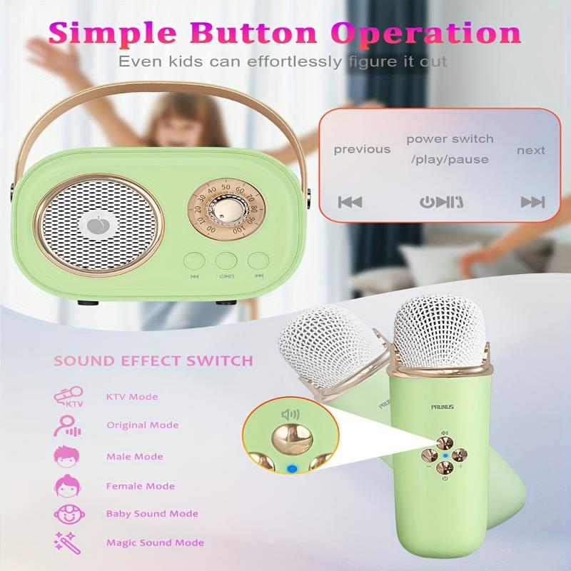 2 Wireless Microphone PRUNUS C20 Mini Karaoke Machine For Kids, Portable Wireless Speaker Retro Speaker Set With Enhanced Bass Stereo Sound For Home Party Birthday Toys For Girls Boys Gifts