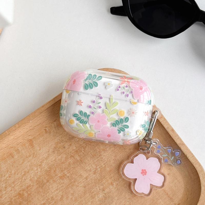 Flower Pattern Earphone Case with Floral Decor Keychain, Decorative Earphone Protector Cover Compatible with Airpods, TPU Clear Earphone Protective Case for Airpods 2 3 Pro 2