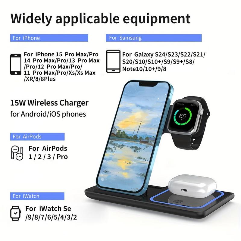 VEEROON 3 in 1 Wireless Charger, 15W Fast Charging Wireless Charger, Wireless Charging Station for iPhone 15 14 13 12 11 Pro Max XR XS 8 Plus iWatch AirPods