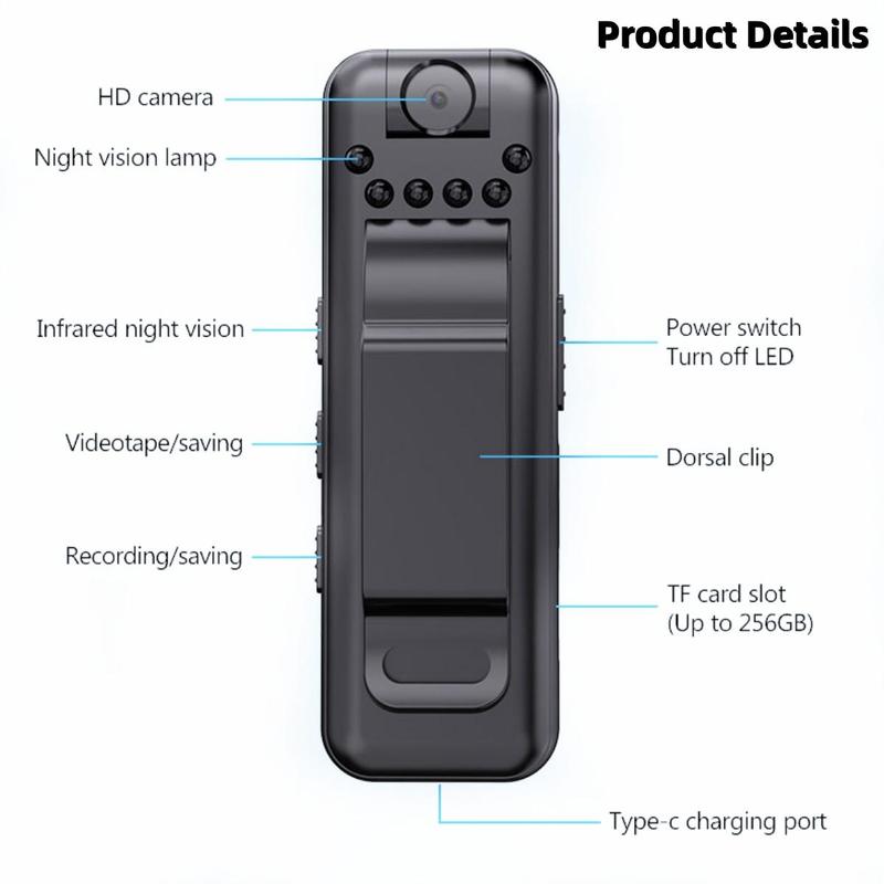 1080P USB Rechargeable Body Camera, Portable Action Camera with IR Night Vision & 180° Rotatable Lens, Wearable Sports Camera for Outdoor, Vlog Digital Recorder