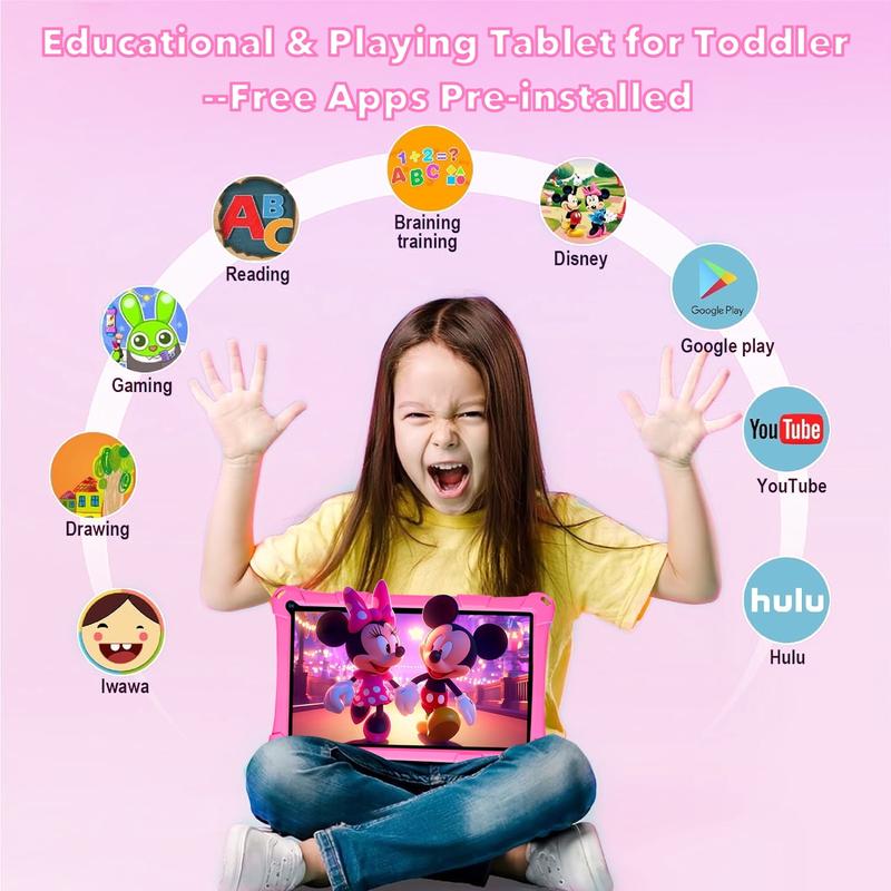 Kids Tablet, 7-inch kids tablet, Android tablet, 3 + 5 Ram 64GB ROM (256GB TF card) Google Certified, kids software pre-installed, WiFi, shockproof case, gift for kids, (Pink)