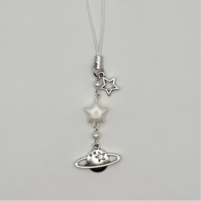 Cosmic Silver and Pearl Y2k Star Phone Charm with White Strap! Planet, Star, or Moon variations Accessories Acrylic