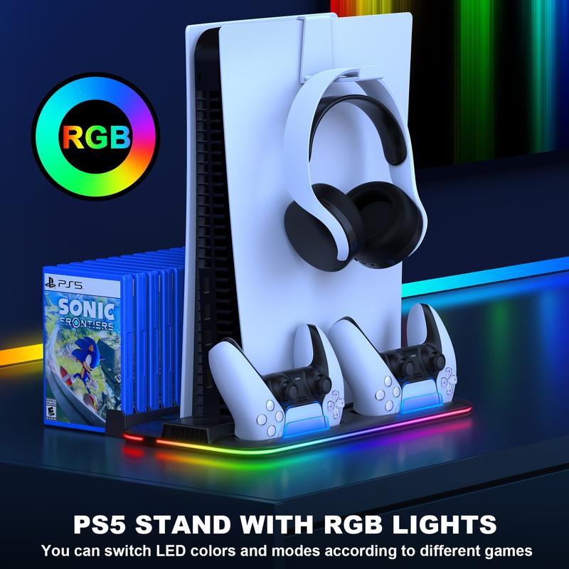 PS5 Stand, PS5 Slim Stand with Cooling Station and Controller Charging Station for PS5 Slim Console Disc Digital, PS5 Accessories-Cooling Fan, RGB LED, Headset Holder, 15 Game Slot for PS5