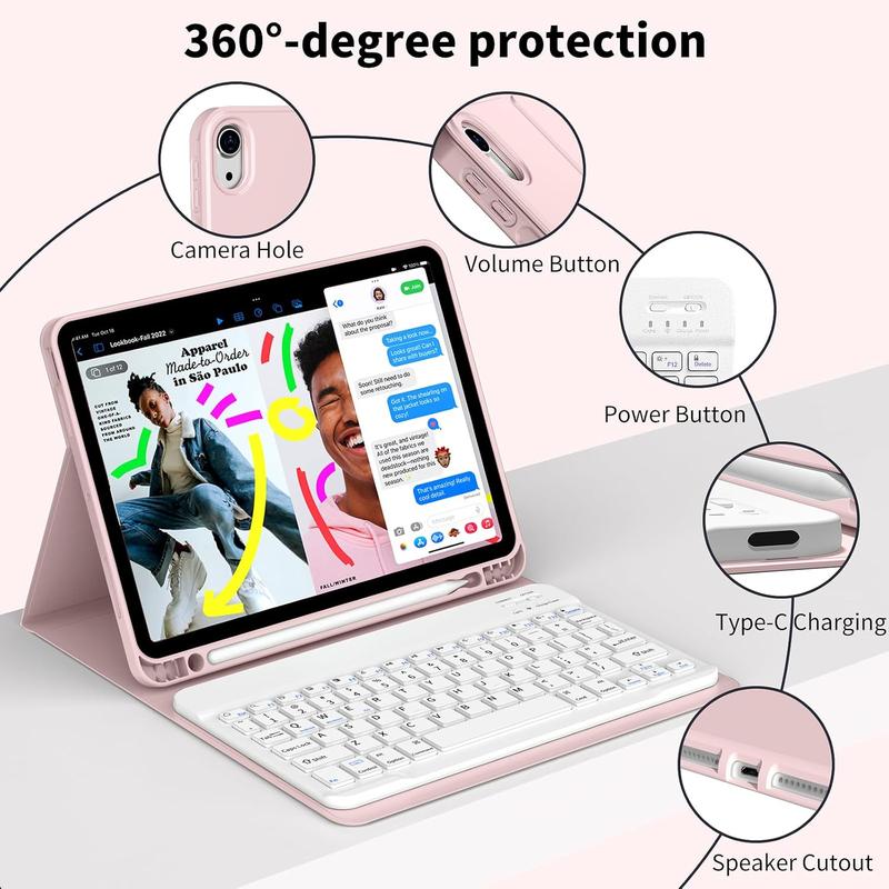 New Keyboard Case for iPad 10th Generation 2022 10.9 Inch, Detachable Wireless Bluetooth Keyboard, Smart Case with Soft TPU Back Shell with Pencil Holder, Auto Sleep Wake, Pink