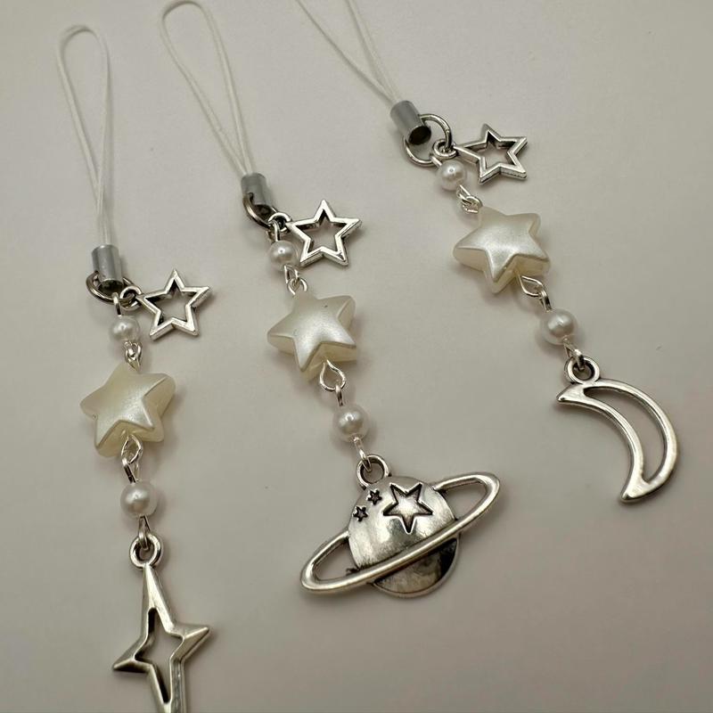 Cosmic Silver and Pearl Y2k Star Phone Charm with White Strap! Planet, Star, or Moon variations Accessories Acrylic