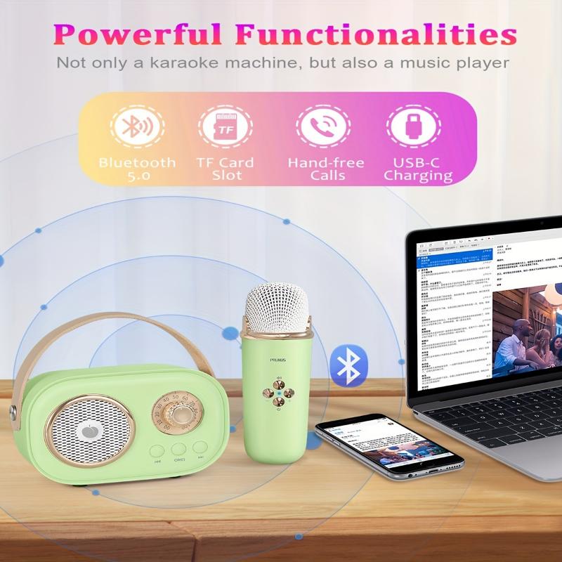 2 Wireless Microphone PRUNUS C20 Mini Karaoke Machine For Kids, Portable Wireless Speaker Retro Speaker Set With Enhanced Bass Stereo Sound For Home Party Birthday Toys For Girls Boys Gifts