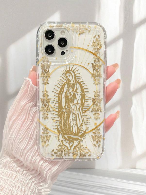 Our Lady & Cross Print Clear Case for iPhone 11 12 13 14 15 15pro 15 Plus 15 Pro max - Shock-Proof TPU Full Wrap Coverage