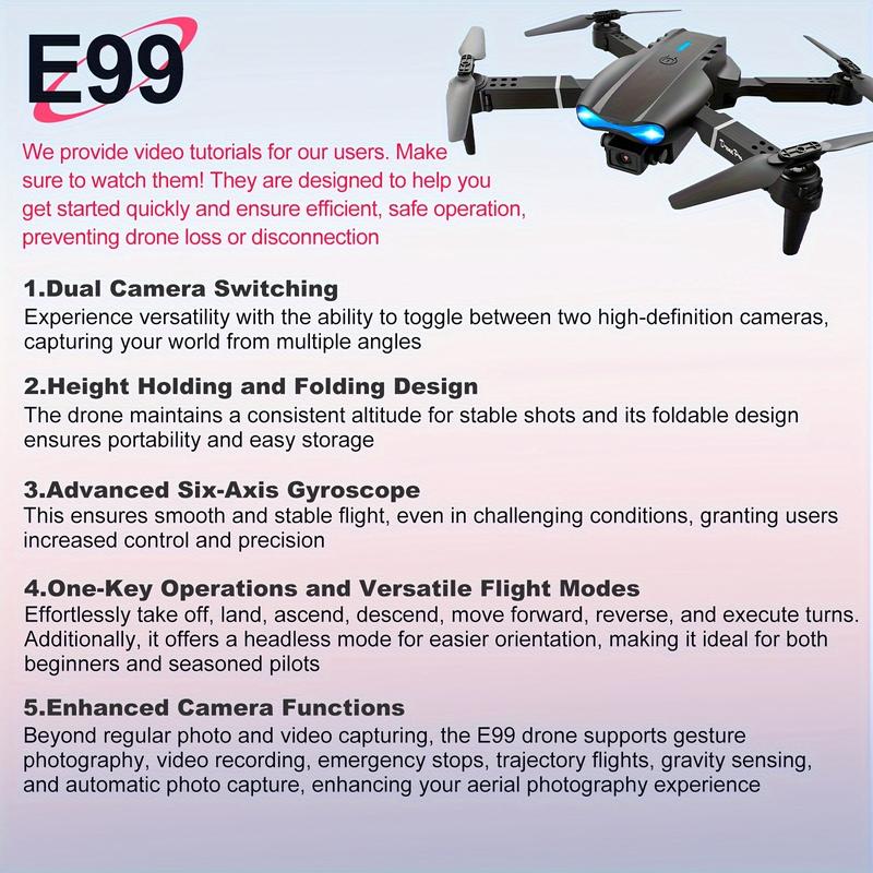 E99 Foldable SD Camera Drone - WiFi FPV, Dual SD, Altitude Hold, Remote Control, Beginner-Friendly - Perfect Gift for Teenagers, Men, Indoor and Outdoor Fun, Affordable UAV with Easy Operation